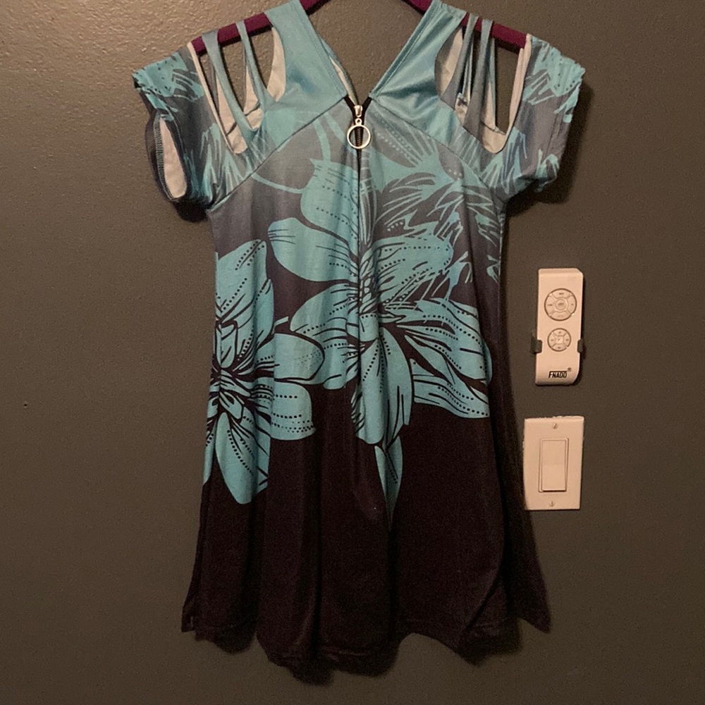 Adorable Split Shoulders Teal and Black Zipper Mini Dress